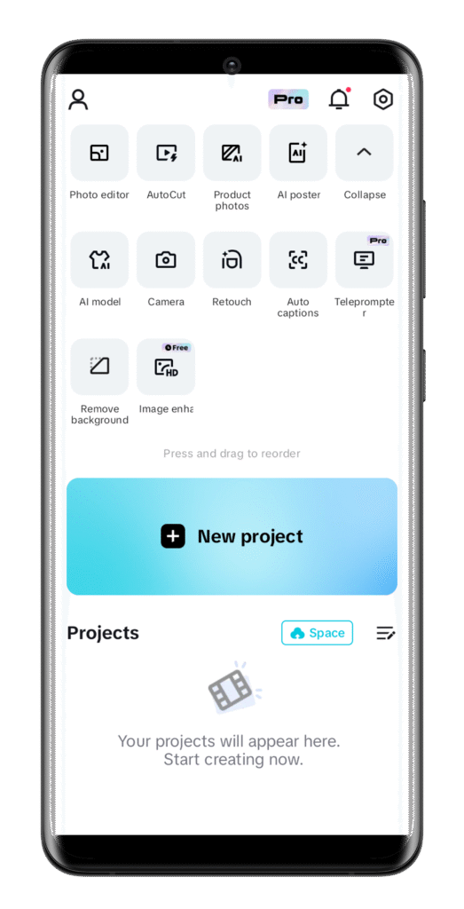 CapCut APK homepage interface on Android showing video editing tools and features