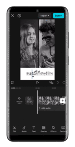 CapCut APK editing screen on Android with timeline, text, and video layers in use