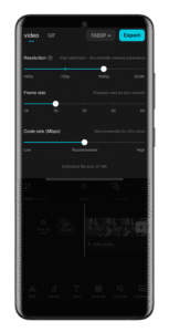 CapCut APK video export screen showing resolution and format settings on Android