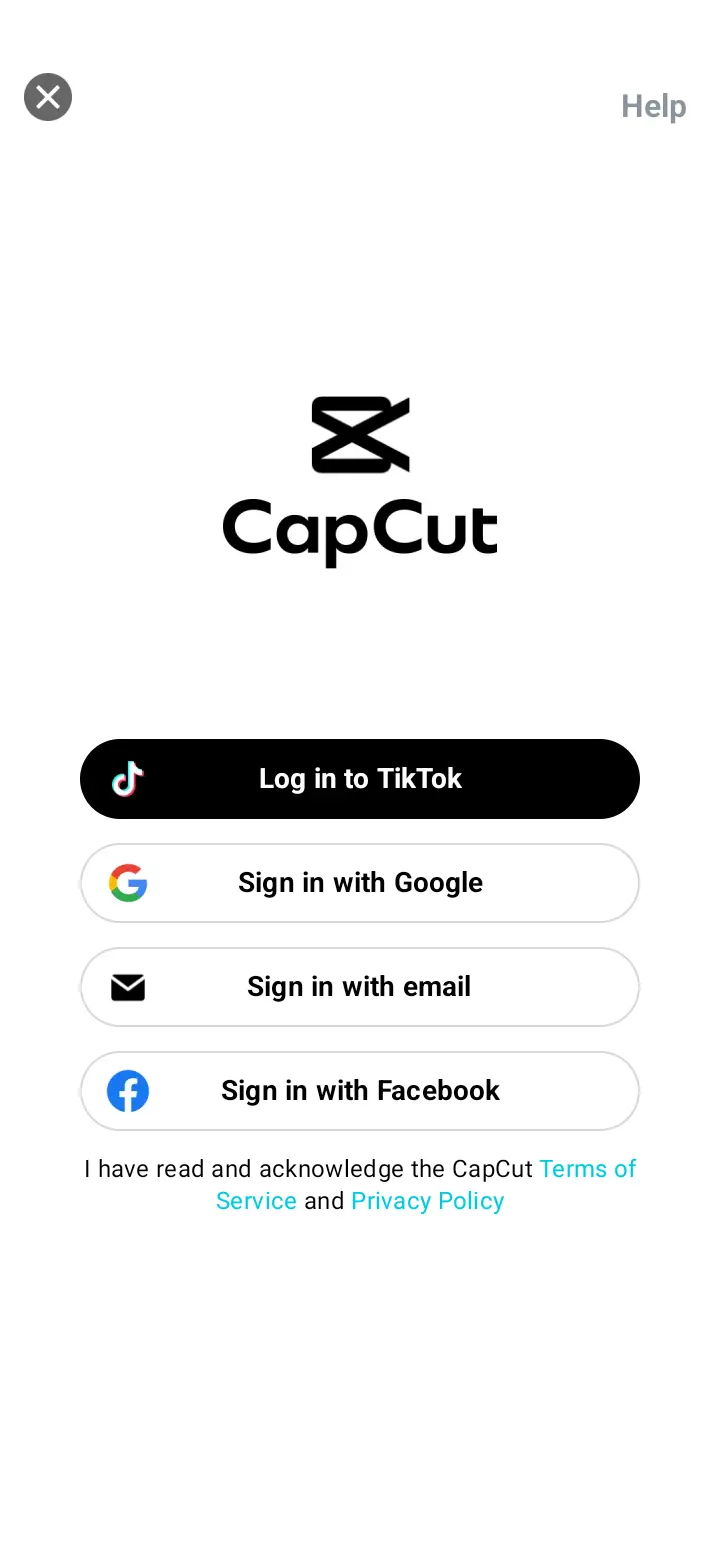 CapCut Application Screenshot - Login Page