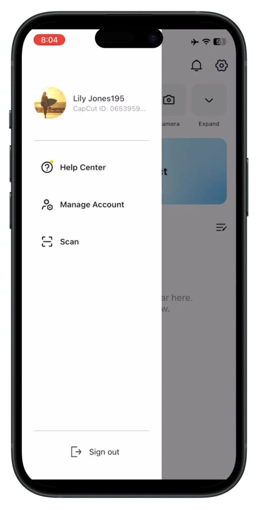 Profile icon on CapCut app interface for managing account settings