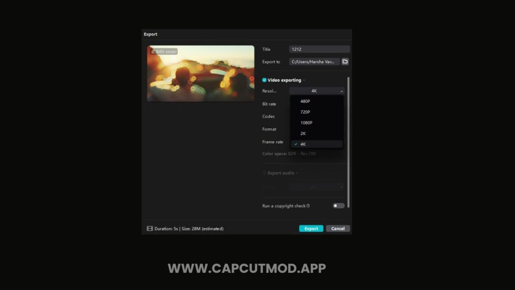 Export high-quality videos in 4K resolution using CapCut.