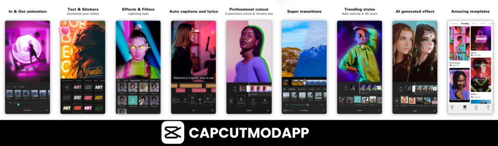  Screenshot of the CapCut MOD APK Download (Pro) showcasing features like in & out animation, text & stickers, effects & filters, auto captions, professional cutout, super transitions, and AI-generated effects